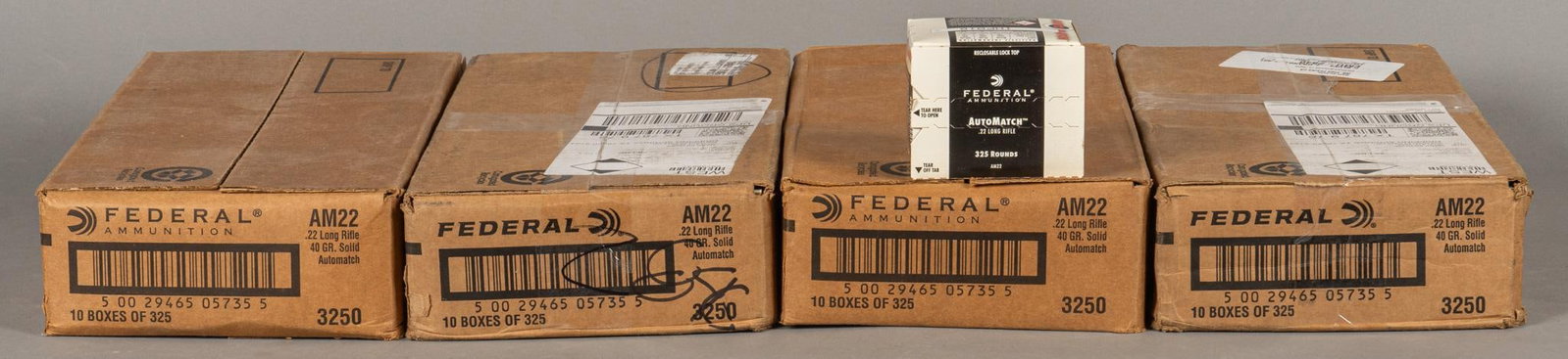 13000 Rounds of Federal Automatch 22 LR Ammunition: Includes: -4 x 3250 rds cases of Federal 22 LR 40gr. Solid Automatch Provenance: From the Estate of Mark Kilgore, Dripping Springs, Texas
