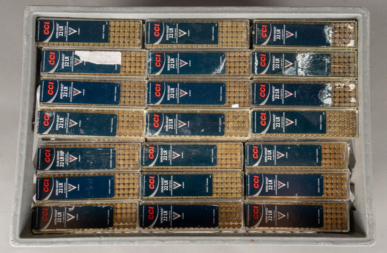 15100 Rounds of CCI Mini-Mag 22 LR Ammunition: Includes: -13200 rds of CCI Mini-Mag 22 LR 40gr. Copper Plated RN -1900 rds of CCI Mini-Mag 22 LR 36gr. Copper Plated HP Provenance: From the Estate of Mark Kilgore, Dripping Springs, Texas