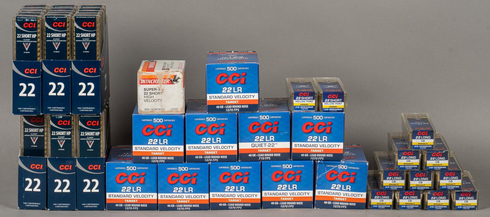 9600 Rounds of Mixed 22 LR, Short and Long Ammunition: Includes: -5000 rds of CCI 22 LR Target 40gr. Lead RN -2900 rds of CCI 22 Short 27gr. Copper-Plated HP -200 rds of CCI 22 Short Varmint 27gr. Copper-Plated HP -1000 rds of CCI 22 Long CB Specialty Sub