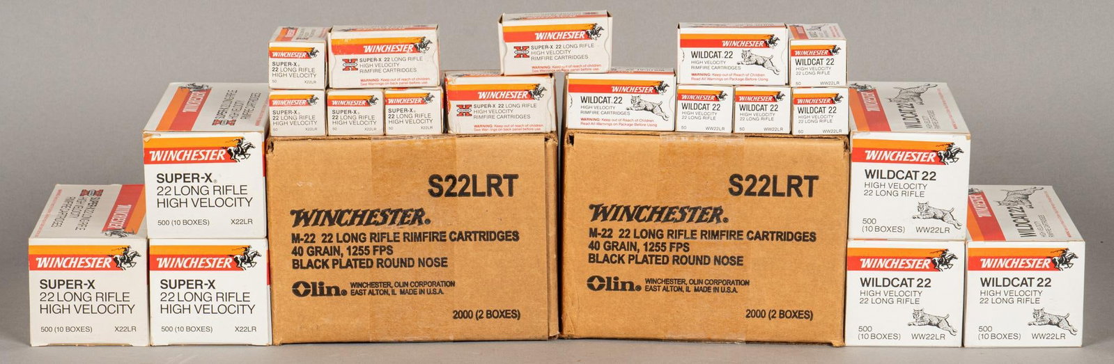 7650 Rounds of Winchester 22 LR Ammunition: Includes: -2 x 2000 rd cases of Winchester M-22 22 LR 40gr. Black Plated RN -1850 rds of Winchester Super-X 22 LR 40gr. lead Lubaloy coated -1800 rds of Winchester Wildcat 22 LR 40gr. lead Provenance: