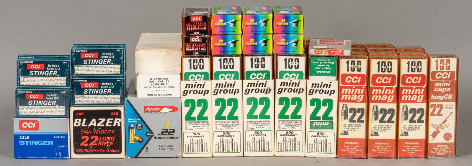 5350 Rounds of Mixed 22 LR Ammunition: Includes: -800 rds of CCI Stinger 22 LR 32gr. Copper-Plated HP -100 rds of CCI Velocitor 22 LR Speer Gold Dot HP -1100 rds of CCI Mini Mag 22 LR P22 HP -100 rds of CCI Mini Caps 22 Long CB P22 CBL -20