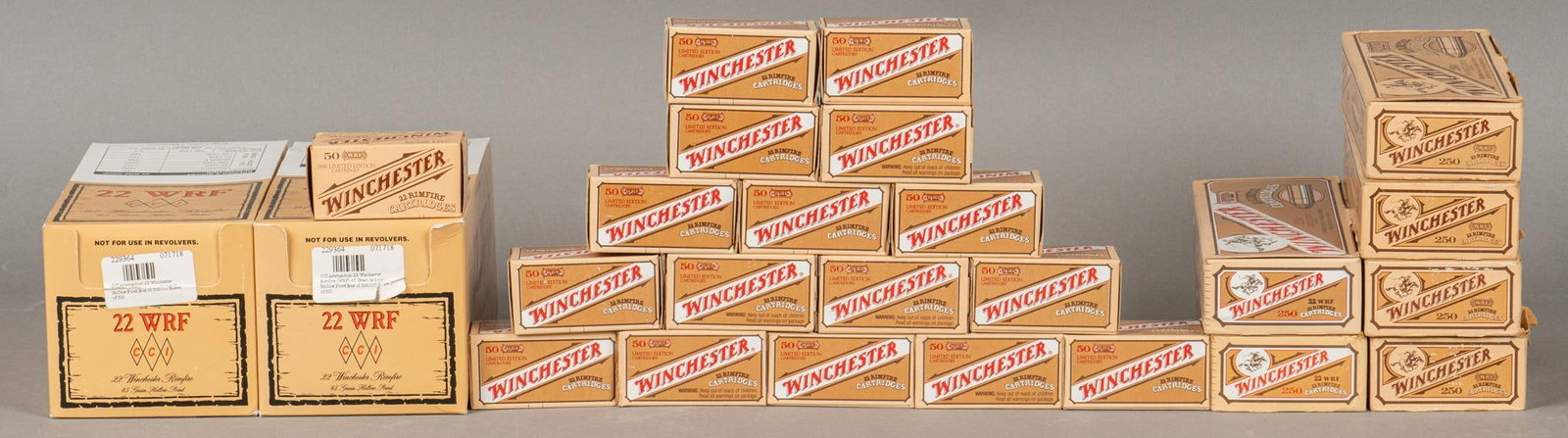 3350 Rounds of CCI and Winchester 22 WRF Ammunition: Includes: -1000 rds of CCI 22 WRF 45gr. JHP 25c -1050 rds of Winchester 1986 Ltd. Ed. 22 WRF 45gr. Lead Lubaloy -1300 rds of Winchester Ltd. Ed. 22 WRF 45gr. Lead Lubaloy 40c Provenance: From the Esta