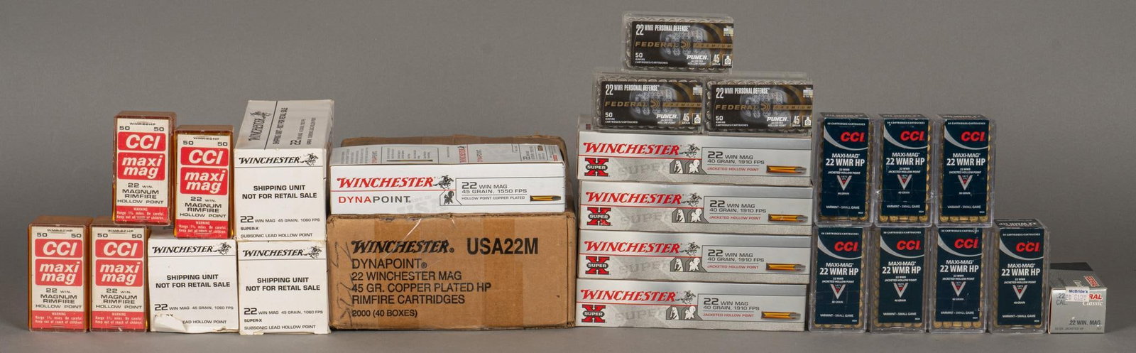 5200 Rounds of Mixed 22 Win Mag Ammunition: Includes: -1000 rds of Winchester Super-X 22 Win Mag 40gr. JHP -2000 rds of Winchester Dynapoint 22 Win Mag 45gr. Copper Plated HP -1500 rds of Winchester Super-X 22 Win Mag 45gr. Subsonic lead HP -53