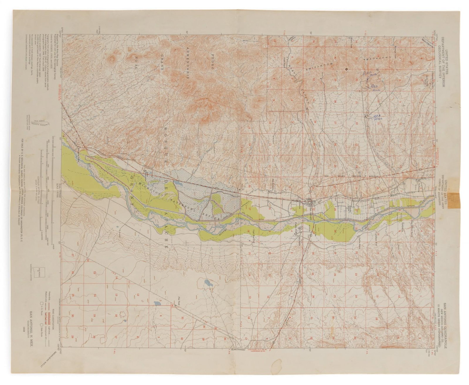 1948 Quadrangle Map of San Antonio, New Mexico: 1948 quadrangle map of San Antonio, New Mexico sight: 21 in. x 17 in. Provenance: Property from the collection of a San Antonio, Texas gentleman, previously property of UTSA