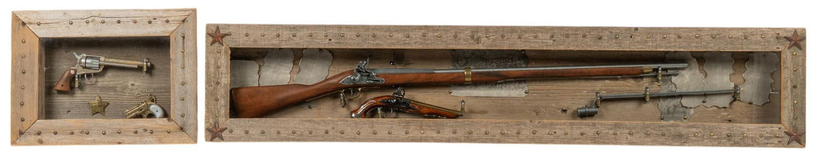 (4) Non-Firing Replica Firearms Mounted in Rustic Shadow Boxes: Includes: -Nichols Stallion 45 Mark II cap gun revolver & unmarked brass Sharps O/U pistol replica (non-firing) w/ replica Sheriff's badge; all mounted in rustic shadow box (23.25 in. L x 17.2