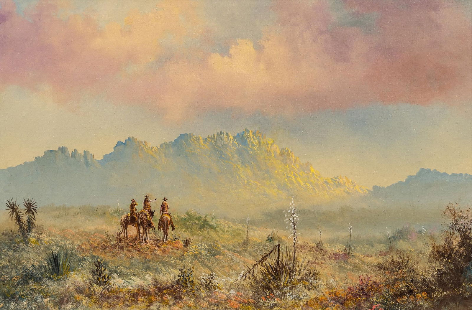 Lester Hughes, Cowboys in Mountains: Lester Hughes (Texas, 1938-2021), cowboys riding through mountains, oil on canvas sight: 24 in. x 36 in., frame: 24 in. x 36 in. Provenance: Property from the collection of a Kerrville, Texas gentl