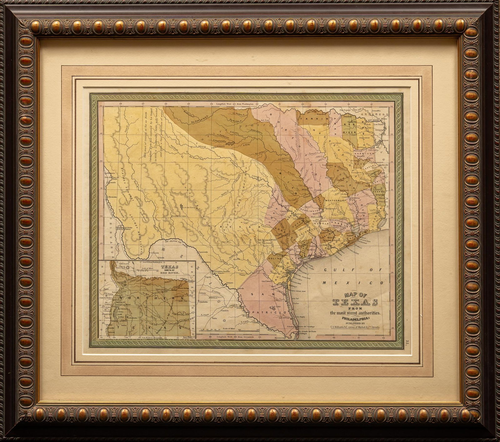 Map of Texas: Map of Texas from the most recent authorities of Philadelphia sight 13 in. x 16 in., frame: 21 in. x 24 in. Provenance: Property from the collection of a San Antonio, Texas lady