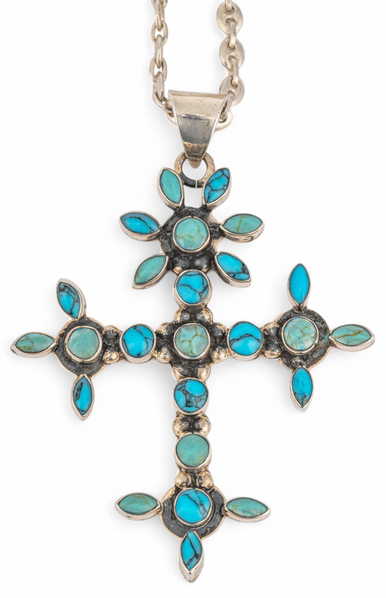 Sterling Silver Turquoise Cross Pendant Necklace (1 of 5)