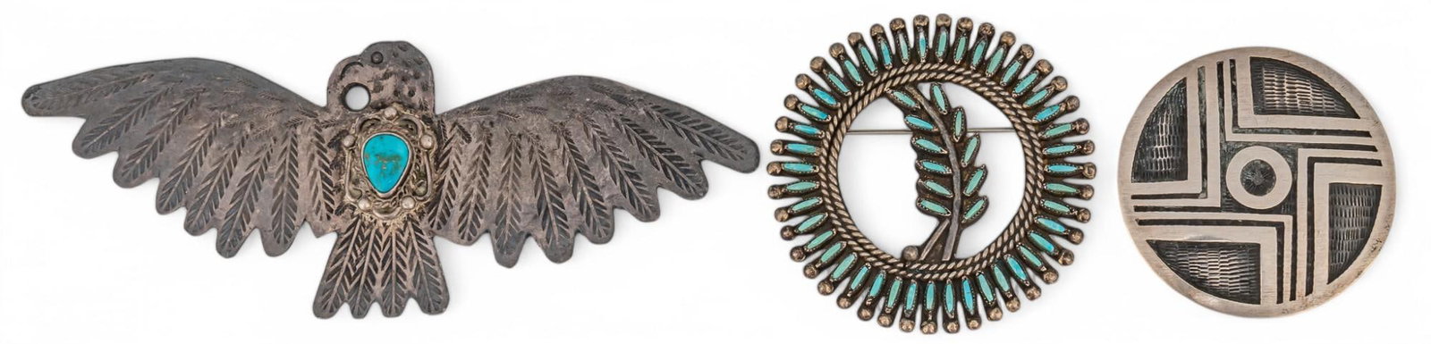 Collection of Sterling Silver Jewelry: Collection of sterling silver jewelry including a Tim Yazzie turquoise pendant, brooches, and earrings Provenance: Property from the collection of a Dallas, Texas lady
