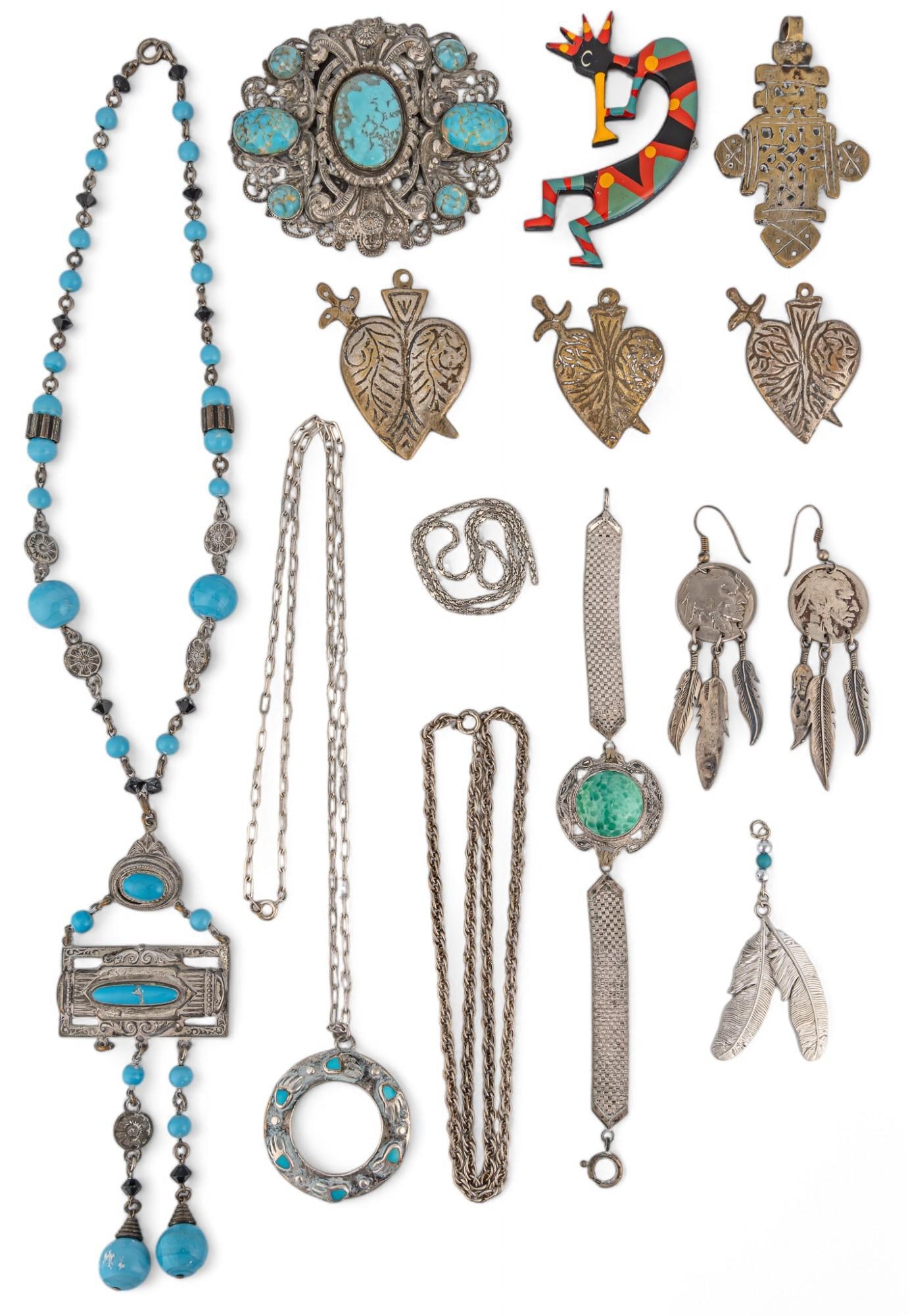 Collection of Sterling Silver and Turquoise Jewelry: Collection of sterling silver and turquoise jewelry including necklaces, pins and pendants, some marked Provenance: Property from the collection of a Dallas, Texas lady