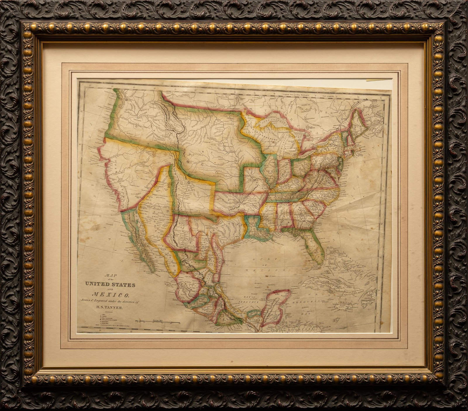 Map of Texas and Mexico: Hand-colored map of Texas and Mexico sight: 17 in. x 21 in., frame: 27.5 in x 31 in. Provenance: Property from the collection of a San Antonio, Texas lady