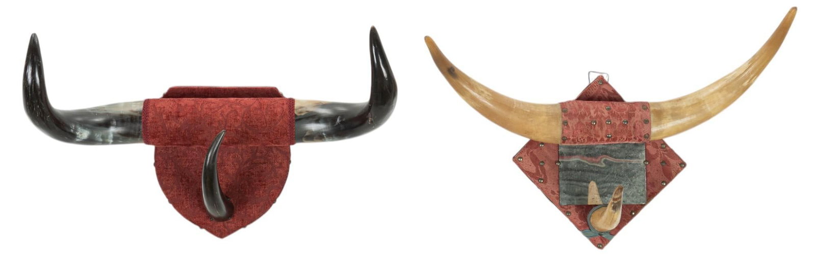 Pair of Horn Racks: Pair of horn racks including one with black horns and red upholstery and one with white horns and central mirror height 11 in. x width 22 in. x 10 in. Provenance: Property from the collection of a San