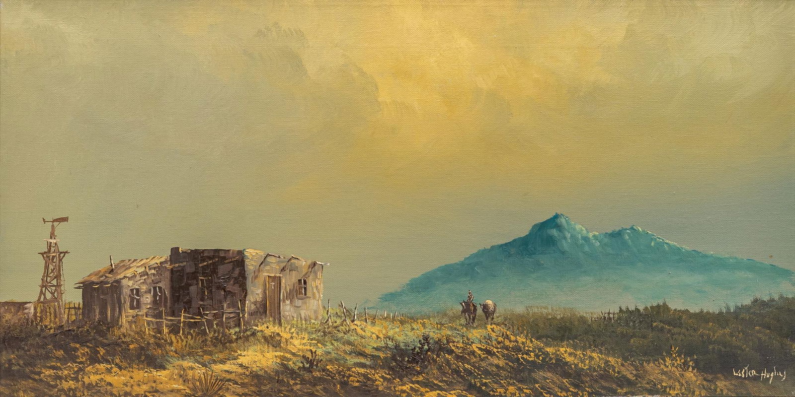 Lester Hughes, Cowboy and Ruins: Lester Hughes (El Paso, Texas, b. 1940), cowboy and ruins, oil on canvas sight: 12 x 24 in., frame: 14 x 25.5 in. Provenance: Property from the collection of an Austin, Texas gentleman Lester Hug
