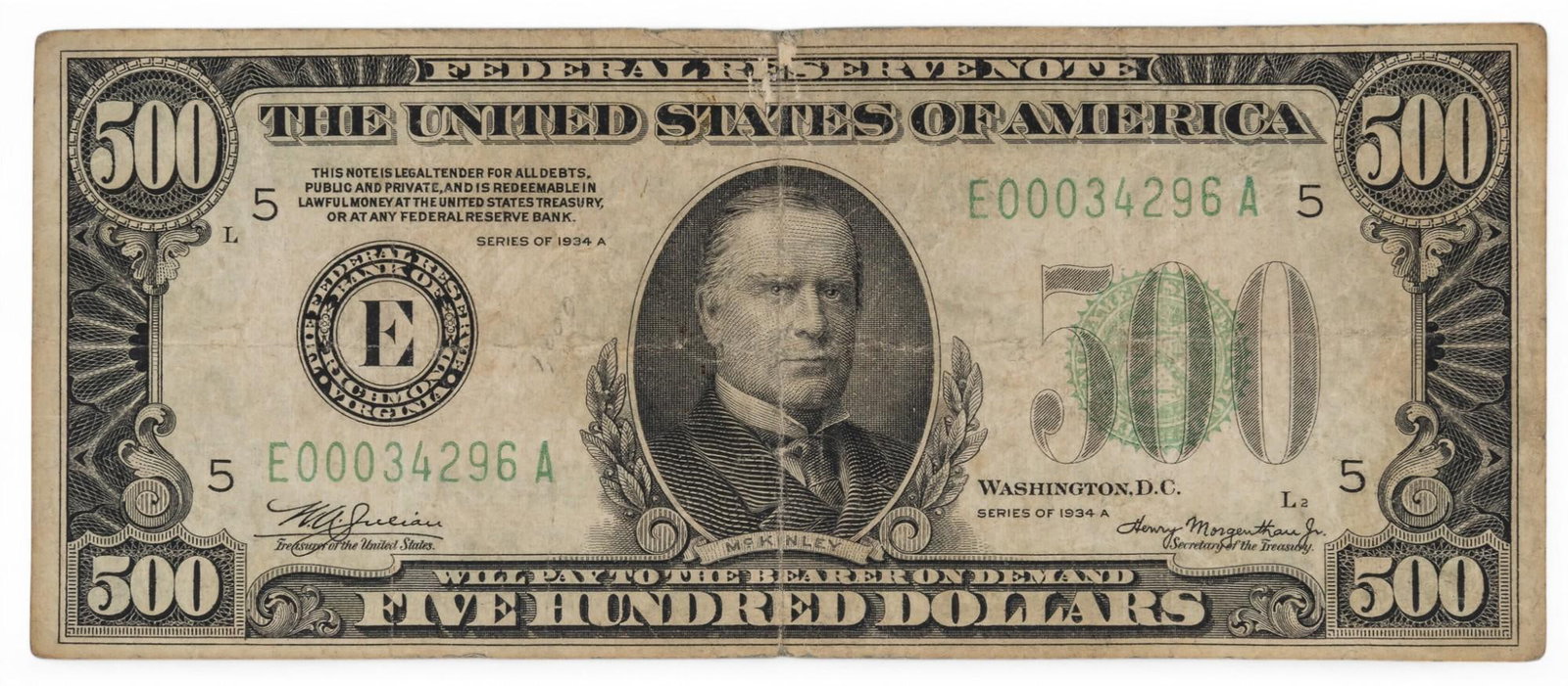 $500 1934A Federal Reserve Note: $500 1934A Federal Reserve note, ungraded €œProperty from the estate of a life-long resident of the historic Jefferson neighborhood of San Antonio, Texas€