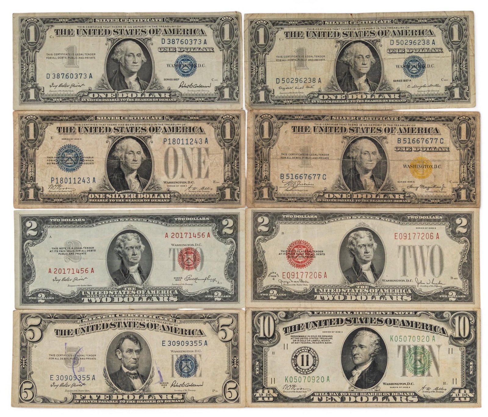 Collection of Rare Bills: Collection of rare bills including two $2 bills, four $1 bills, one $10 bill €œProperty from the estate of a life-long resident of the historic Jefferson neighborhood of San Antonio, Texas€