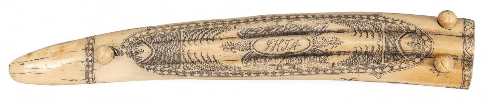 Scrimshaw Bone with Cribbage Board Reproduction: Faux bone scrimshaw cribbage board featuring illustrations of a house, fruit and foliage, and "JHTA" inscribed length 12.5 in. x width 2.25 in. x depth 1.75 in.
