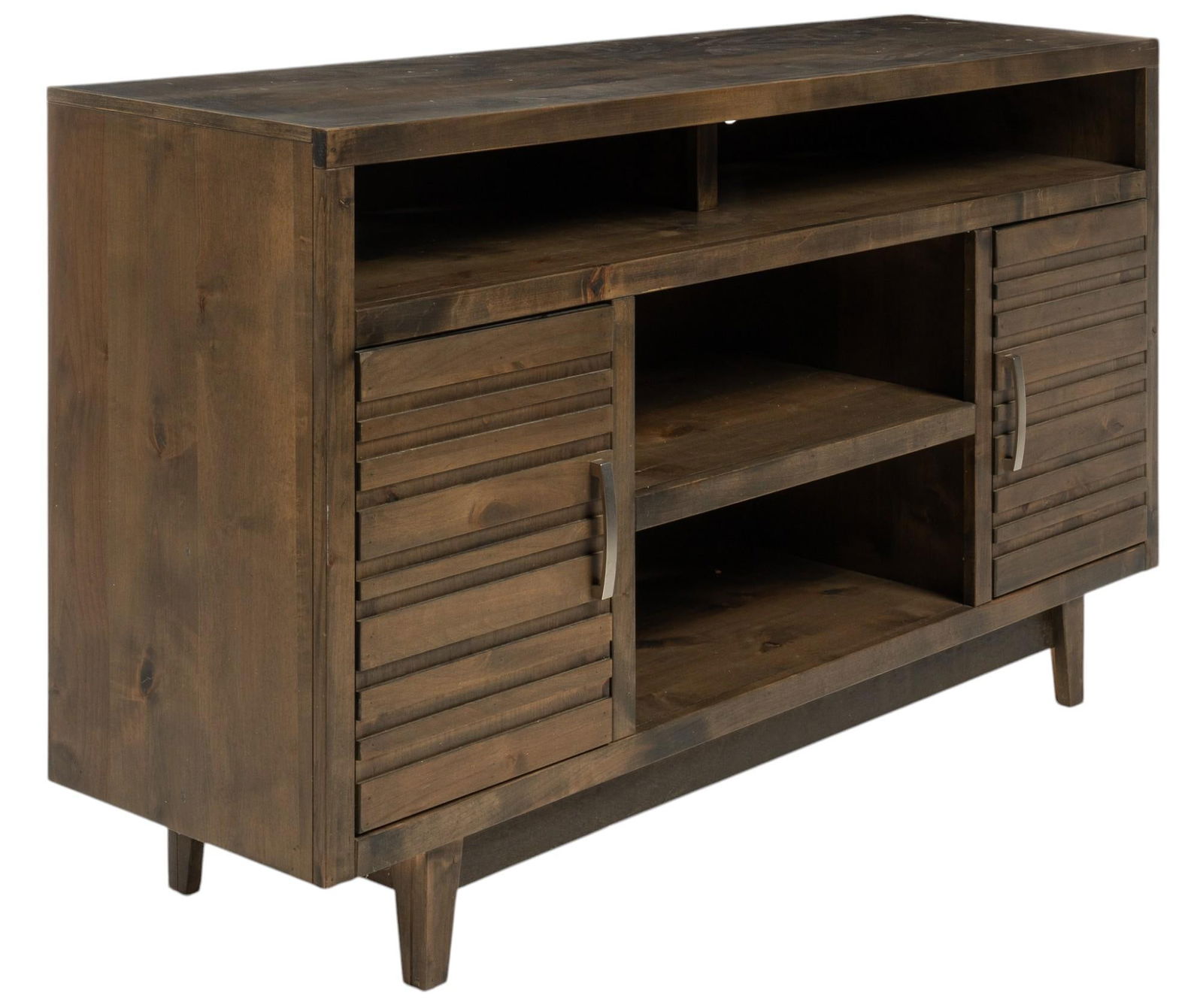 Wooden Entertainment Center: Wooden entertainment center, manufactured by Legends Furniture (USA), having wide storage cubby, above two open shelves, flanked by cabinet doors having metal pulls, opening to single shelved interior