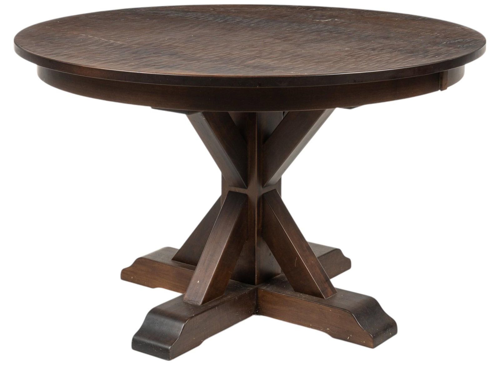 Wooden Table: Circular wooden table with dark finish, supported on pillar and post legs height 30 in. x diameter 48 in. Provenance: The Estate of Urban "Obie" O'Brien III From the Double O Ranch in Paig