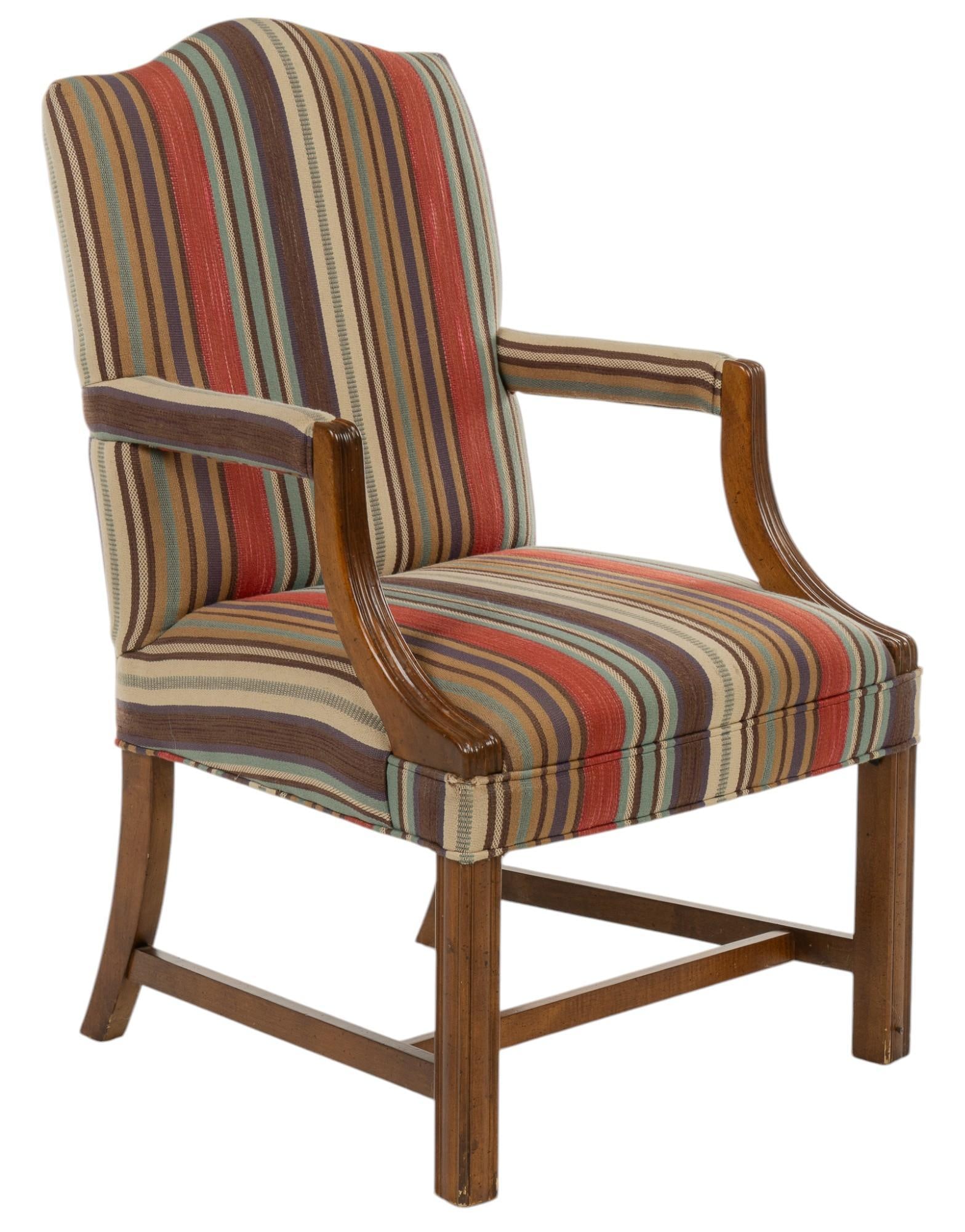 Sam Moore Furniture Upholstered Armchhair: Sam Moore Furniture (Virginia, USA) armchair, featuring multicolor striped upholstery, exposed wooden arm rests with curved posts, supported by Chippendale legs height 40.5 in. x width 25 in. x depth 