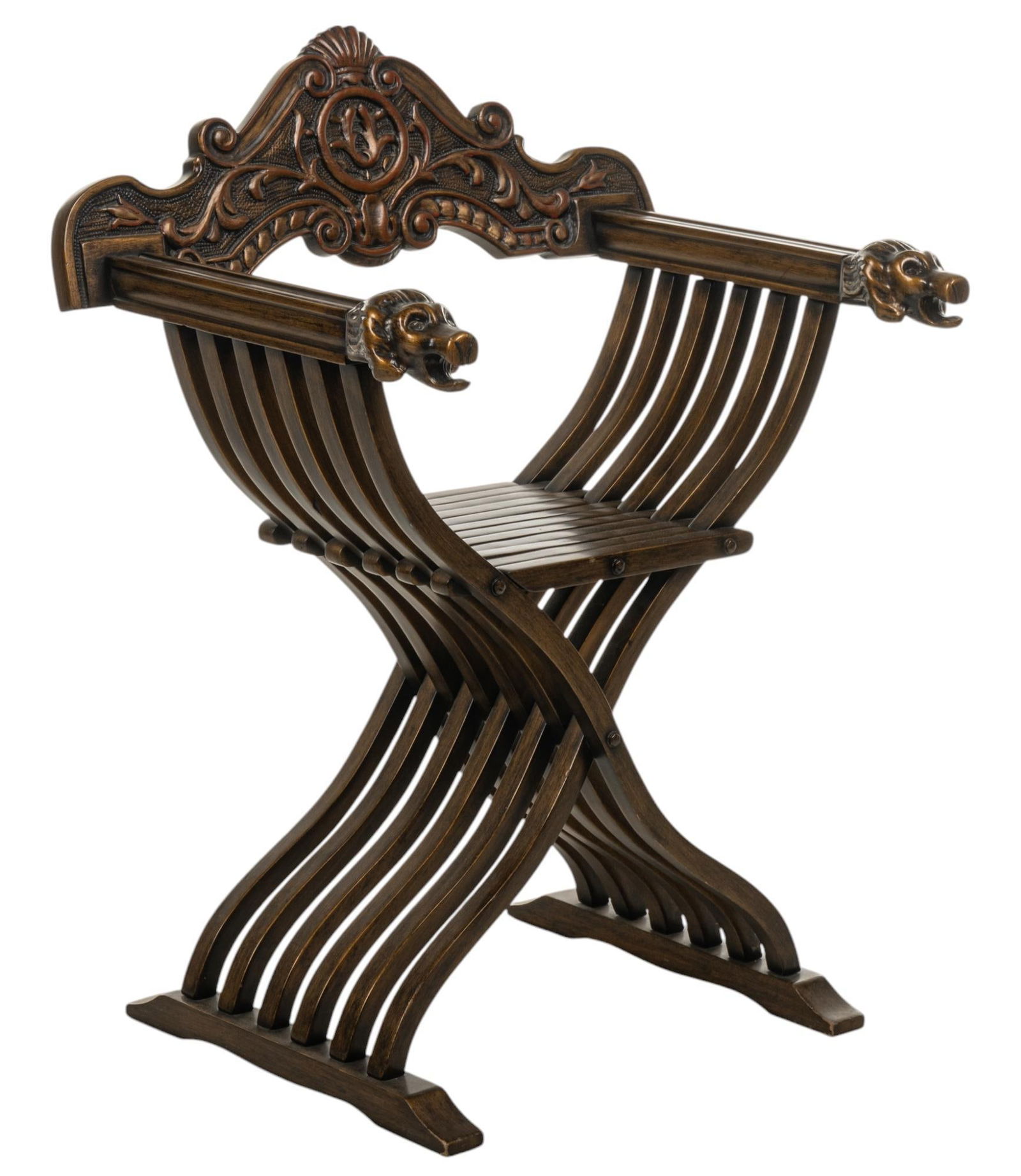 Renaissance Revival Style Savonarola Chair: Renaissance revival style Savonarola chair, having carved wooden frame with shell and scroll motifs, lionhead armrests, supported on intersecting X-shaped legs height 33 in. x width 25 in. x depth 19