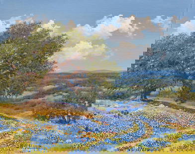 W. A. Slaughter, Bluebonnets and Oaks: William A. Slaughter (Texas, 1923-2003), bluebonnets and oaks, oil on canvas sight: 16 x 20 in., frame: 22.5 x 26 in. Provenance: Property from the ranch home of a prominent businessman in