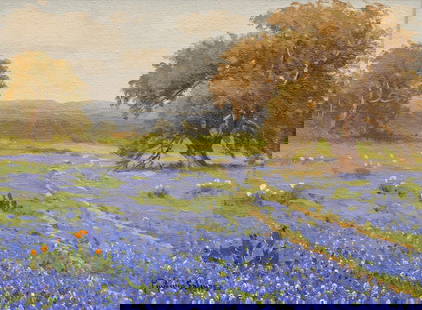 Porfirio Salinas, Bluebonnets and Cactus: Porfirio Salinas (Texas, 1910-1973), bluebonnets and cactus, oil on canvas sight: 9 x 12 in., frame: 16.5 x 19.5 in. Provenance: Property from the collection of a San Antonio, Texas lady 