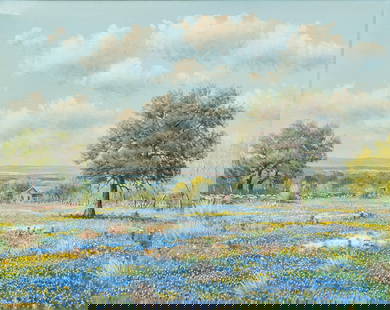 W. R. Thrasher, Bluebonnets and Farmhouse: William Robert Thrasher (Texas, 1908-1977), Texas farmhouse with bluebonnets, oil on canvas sight: 24 x 30 in., frame: 32.5 x 38.5 in. Provenance: Property from the collection of a Magnolia,
