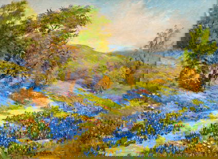 Santa Duran, Bluebonnet Landscape: Santa Duran (Texas / Mexico, 1909-2002), bluebonnet landscape, oil on artist panel sight: 12 x 16 in., frame: 19 x 23 in. Provenance: Property from the ranch home of a prominent businessman in