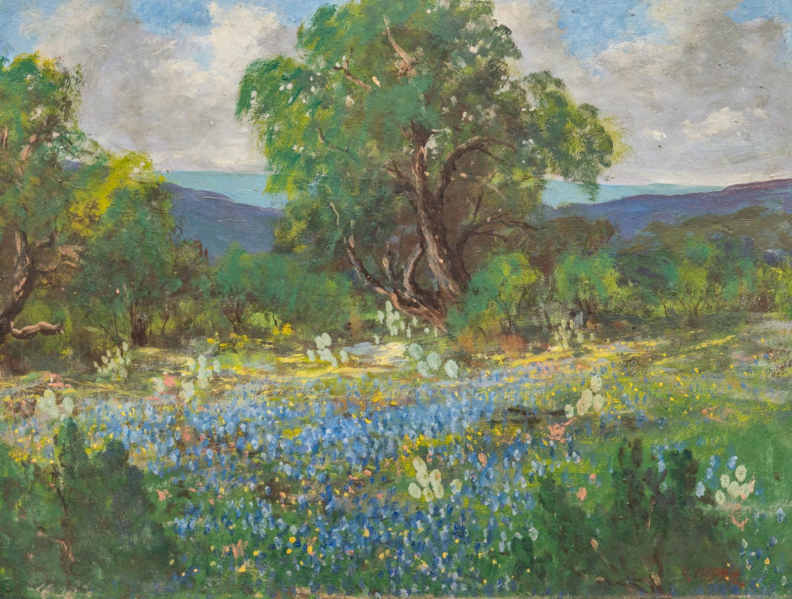 Carl Hoppe, "Bluebonnets and Oaks": Carl Hoppe (San Antonio, Texas, 1897-1981), "Bluebonnets and Oaks -- Leon Springs, Tex", oil on panel sight: 12.5 x 16.5 in., frame: 20 x 25 in. Provenance: Property from the collection of a San Ant