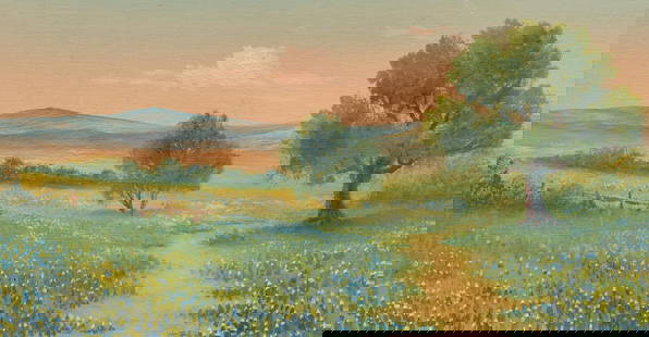 Robert Wood Buckeye: Robert Wood (California/Texas, 1889-1979), "buckeye" landscape study with fence through field of bluebonnets, oil on panel sight: 10.5 x 20 in., frame: 17.5 x 25.5 in. Provenance: Property from