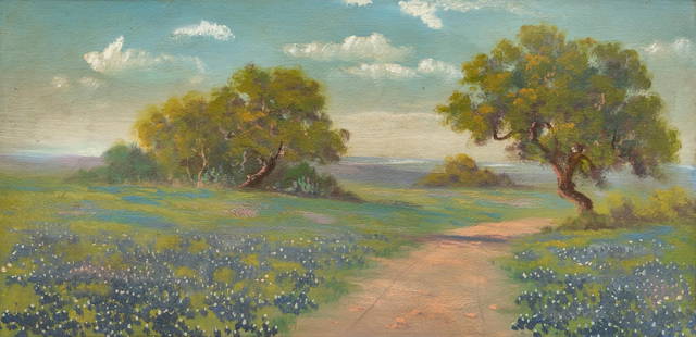 Robert Wood Buckeye: Robert Wood (California/Texas, 1889-1979), "buckeye" landscape study with oaks and winding path through bluebonnets, in antique frame, oil on panel sight: 12 x 24 in., frame: 15.5 x 27.5 in. 