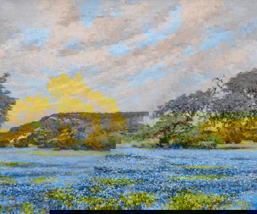 Jose Arpa and Xavier Gonzalez, Field of Bluebonnets: Jose Arpa y Perea (Spain / Texas / Mexico, 1858-1952) and Xavier Gonzalez, field of bluebonnets in the Hill Country, oil on canvas, no apparent signature sight: 20 x 24 in., frame: 24 x 27.5 in. 