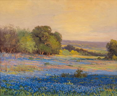 Robert Wood, Bluebonnet Landscape: Robert Wood (Texas / California, 1889-1979), bluebonnet landscape, oil on canvas sight: 20 x 24 in., frame: 32 x 35 in. Provenance: Property from a prominent Texas estate collection; all