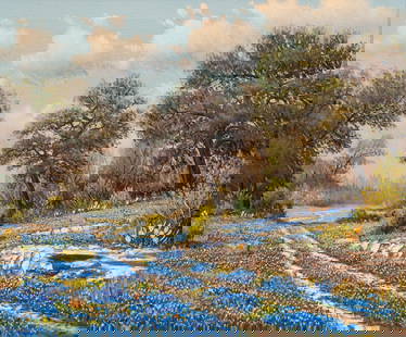 W. R. Thrasher, "Texas Bluebonnets": William Robert Thrasher (Texas, 1908-1977), "Texas Bluebonnets", oil on canvas sight: 20 x 24 in., frame: 26.5 x 30.5 in. Provenance: Property from the ranch home of a prominent businessman in