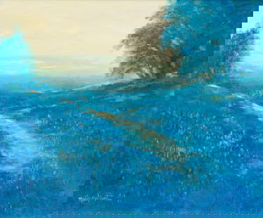 Hardy Martin, Bluebonnet Landscape: Hardy Martin (Texas, 1942-2022), atmospheric bluebonnet landscape in the style of Julian Onderdonk (Texas / New York, 1882-1922), oil on board sight: 20 x 24 in., frame: 30.5 x 34.5 in. 