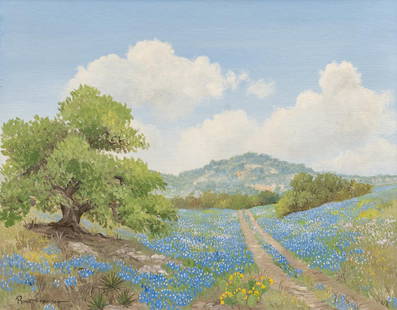 Robert Harrison, Bluebonnet Landscape: Robert Harrison (Texas, b. 1949), bluebonnet landscape, oil on canvas panel sight: 21.5 x 27 in., frame: 27.5 x 33 in. Condition: two small punctures in upper left corner, please refer to