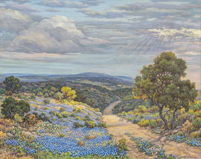 Orville Campbell, Bluebonnets and Cactus: Orville A. Campbell (Texas, 1903-1987), bluebonnets and cactus in the Hill Country, oil on canvas sight: 24 x 30 in., frame: 31.5 x 37.5 in. Provenance: Property from the collection of an