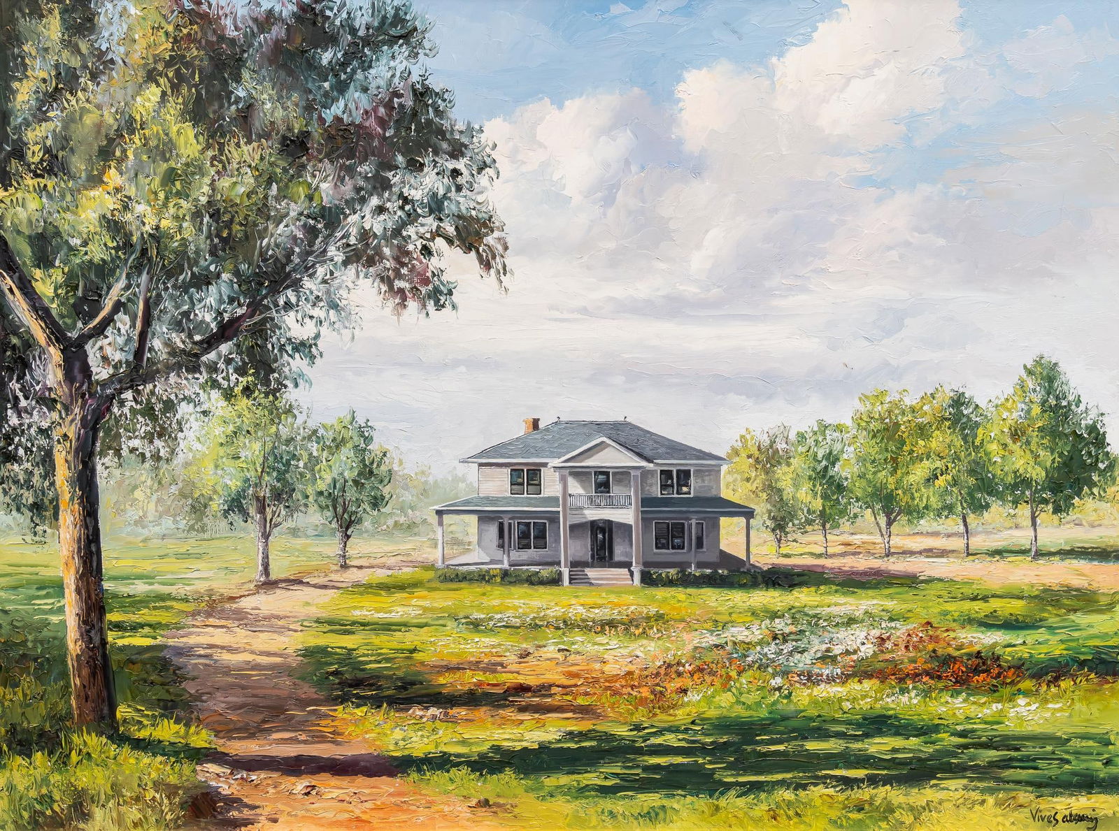 Jose Vives-Atsara, Country House: Jose Vives-Atsara (Spain / San Antonio, Texas, 1919-2004), portrait of a ranch house and tree-lined drive, 1964, oil on masonite, most likely a personally commissioned artwork from the artist sight: