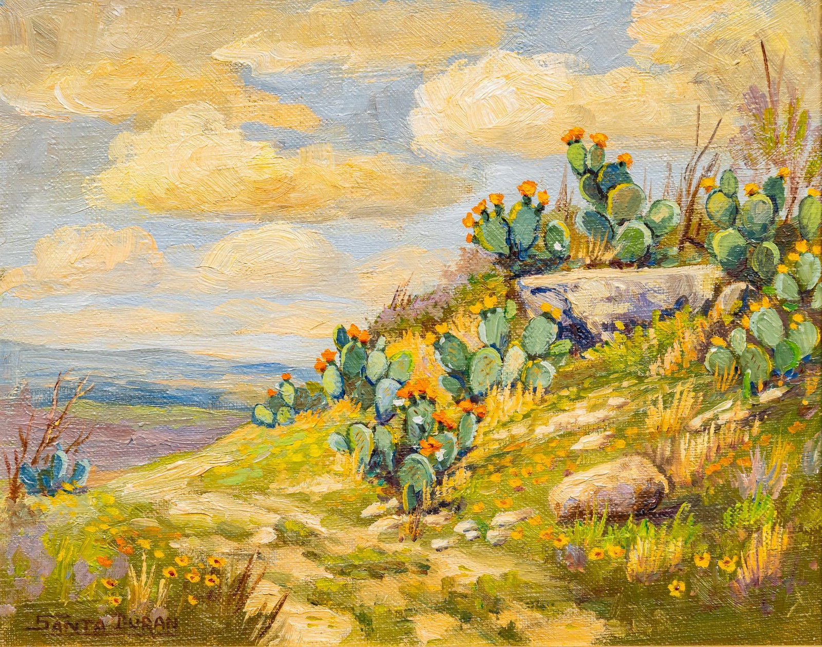 Santa Duran, Hillside Cactus: Santa Duran (Texas / Mexico, 1909-2002), hillside landscape with cactus, oil on canvas panel sight: 8 x 10 in., frame: 10.5 x 12.5 in. Provenance: Property from the collection of a San Antonio, Texas 