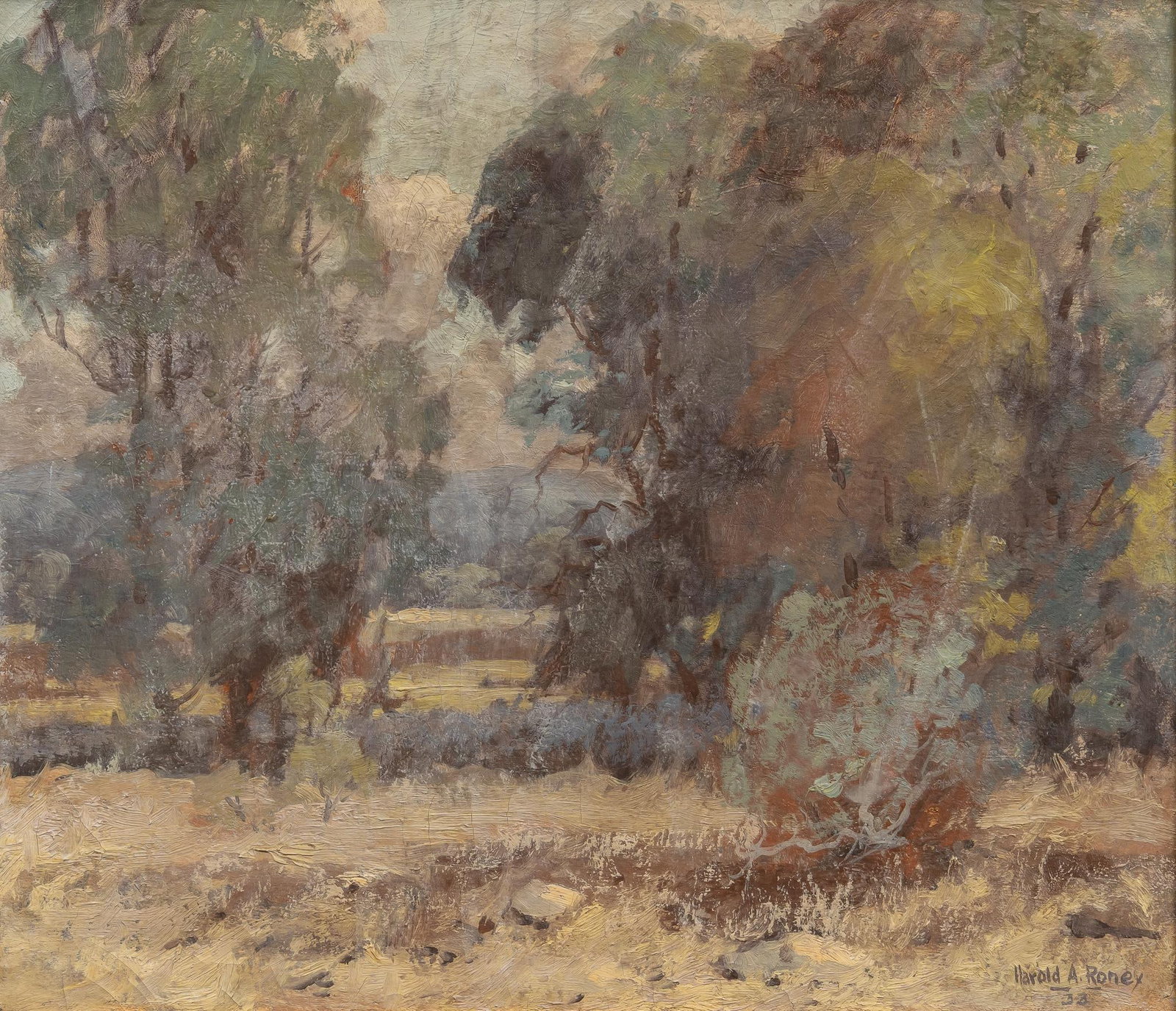 Harold Roney, Texas Landscape, 1933: Harold Arthur Roney (Texas, 1899-1986), Texas landscape, 1933, oil on canvas sight: 17.5 x 20.5 in., frame: 26.5 x 29 in. Provenance: Property from the collection of a San Antonio, Texas gentleman Har