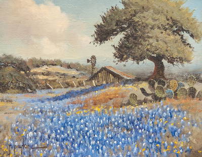 Randy Peyton, Bluebonnets with Barn: Randy Peyton (Texas / Italy, b. 1958), bluebonnets with barn, oil on canvas sight: 8 x 10 in., frame 16 x 18 in. Provenance: Property from the collection of a San Antonio, Texas couple moving to