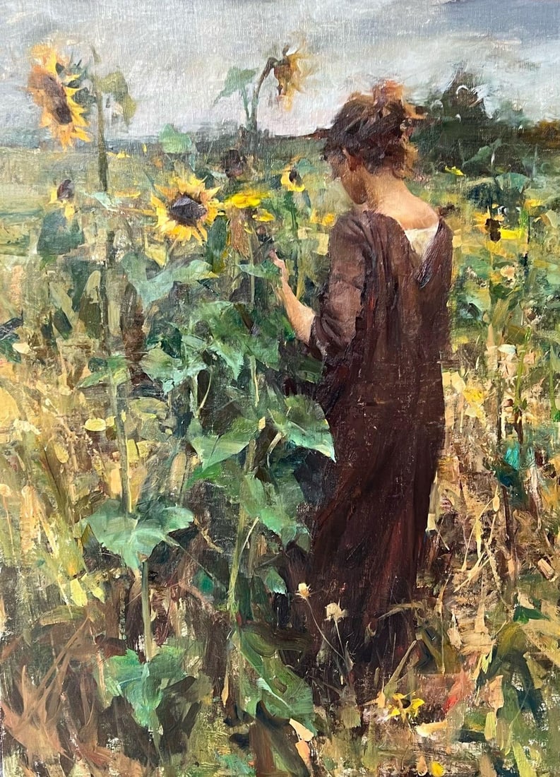 Quang Ho, "Sunflower Field": Quang Ho, "Sunflower Field" Oil on linen. 24 x 18 in., Framed Dimensions: 34 x 25.75 in. "I wanted to capture the mood of the landscape I am surrounded by near Amish country. The people and the field