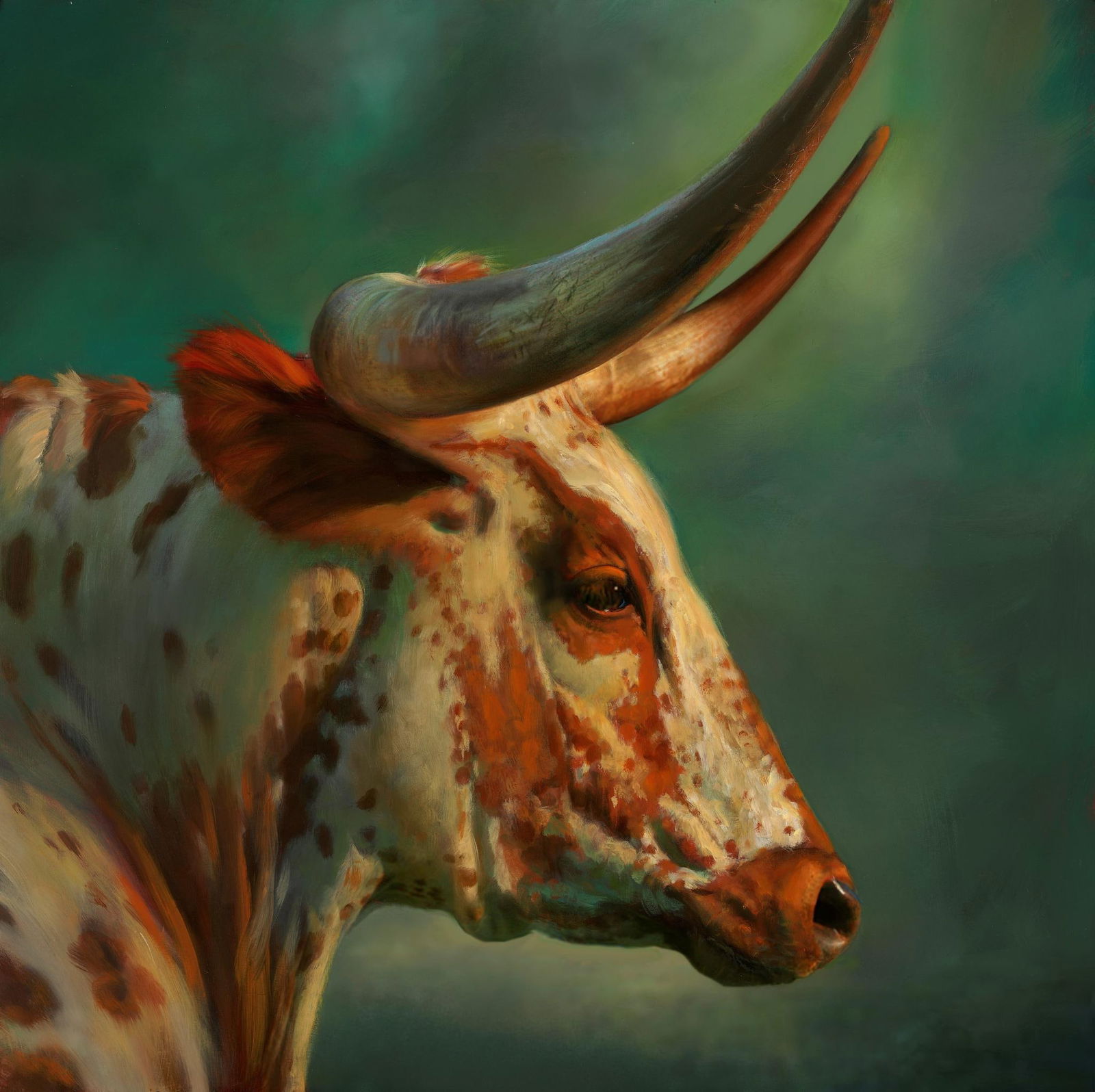 Teresa Elliott, "Goodnight Trail": Teresa Elliott, "Goodnight Trail" Oil on panel. 20 x 20 in., Framed Dimensions: 25 x 25 in. My fascination with longhorns began when I witnessed a lone bull on a hot July afternoon stomping his feet
