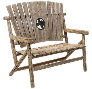Ranch Style Outdoor Bench: Ranch style outdoor bench with rustic slat back with barn star accent height 47 in. x width 51 in. x depth 26 in. Provenance: The Estate of Urban "Obie" O'Brien III From the Double