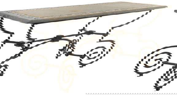 Iron Patio Table: Iron patio table, with stone composite top with stone tile inlay along top border, supported on scrolled and stretchered iron legs height 31 in. x width 70.5 in. x depth 35 in.