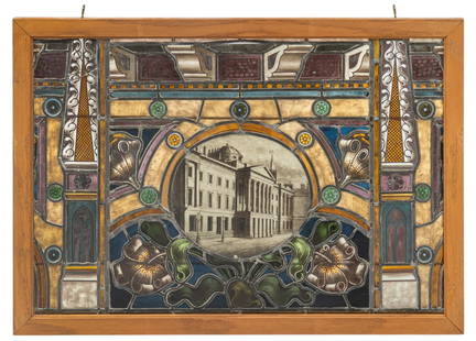Stained Glass Panel: Vintage leaded stained glass window panel featuring central depiction of Saint Paul's School (London, England) height 28 in. x width 29.5 in. x depth 1 in. Provenance: Property from the