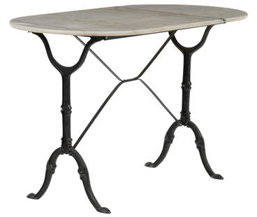 Late 19th C. French Bistro Table: Late 19th century Parisian bistro table with white marble top supported by iron base, circa 1890 height 28 in. x width 47.5 in. x depth 24