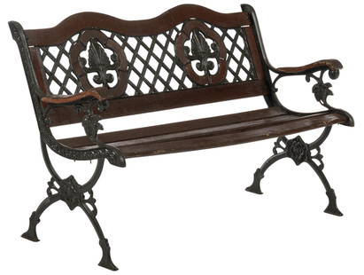 Garden Bench: Garden bench with wooden seat and back, and iron cross-weave backrest and frame, foliate details throughout height 32 in. x width 50 in. x depth 24 in.