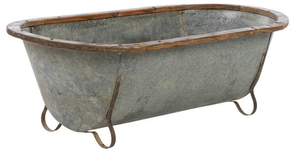 Galvanized Bathtub: Galvanized bathtub with wooden rim and feet height 19.5 in. x width 59.5 in. x depth 29 in.