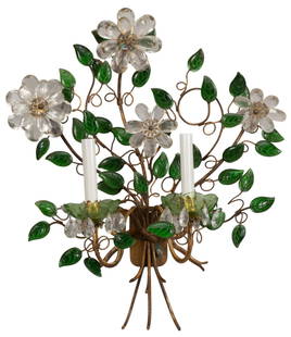 Decorative Floral Wall Sconce: Decorative two-light wall sconce, featuring four acrylic crystal flowers with clear petals, gold centers, and green leaves,metal tendral framework, and pair of bobeches with hanging acrylic crystal
